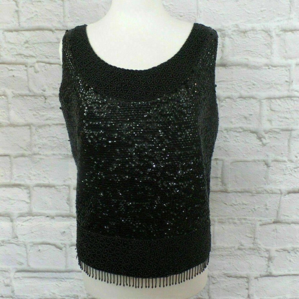 Vintage Cardell Beaded & Sequin Wool Lined Black Sleeveless Top size L/XL